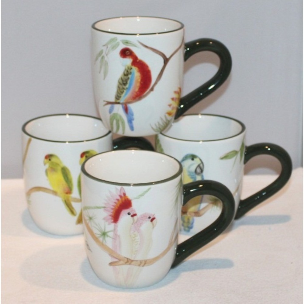 set of 4 American Atelier Tropical Birds earthenware mugs #5515
